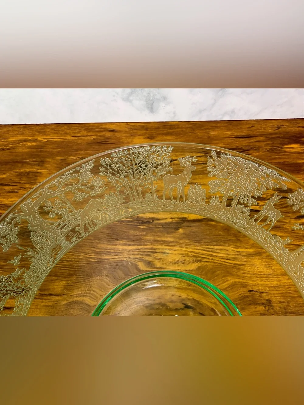 Vintage Tiffin Deerwood Uranium Glass Center Handle Tidbit Tray Etched Deer